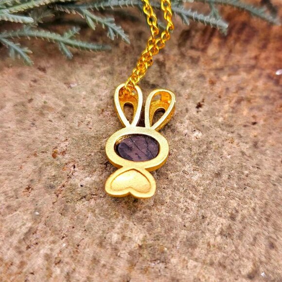 Silver Obsidian Flashy Stone Gold Matte Cute Bunny Pendant Necklace - Picture 7 of 10